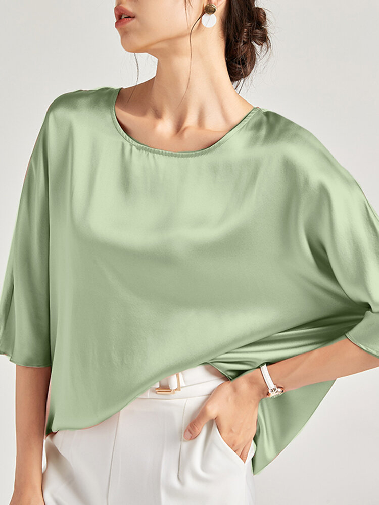 Solid Loose Dolman Sleeve Satin Crew Neck Women Blouse