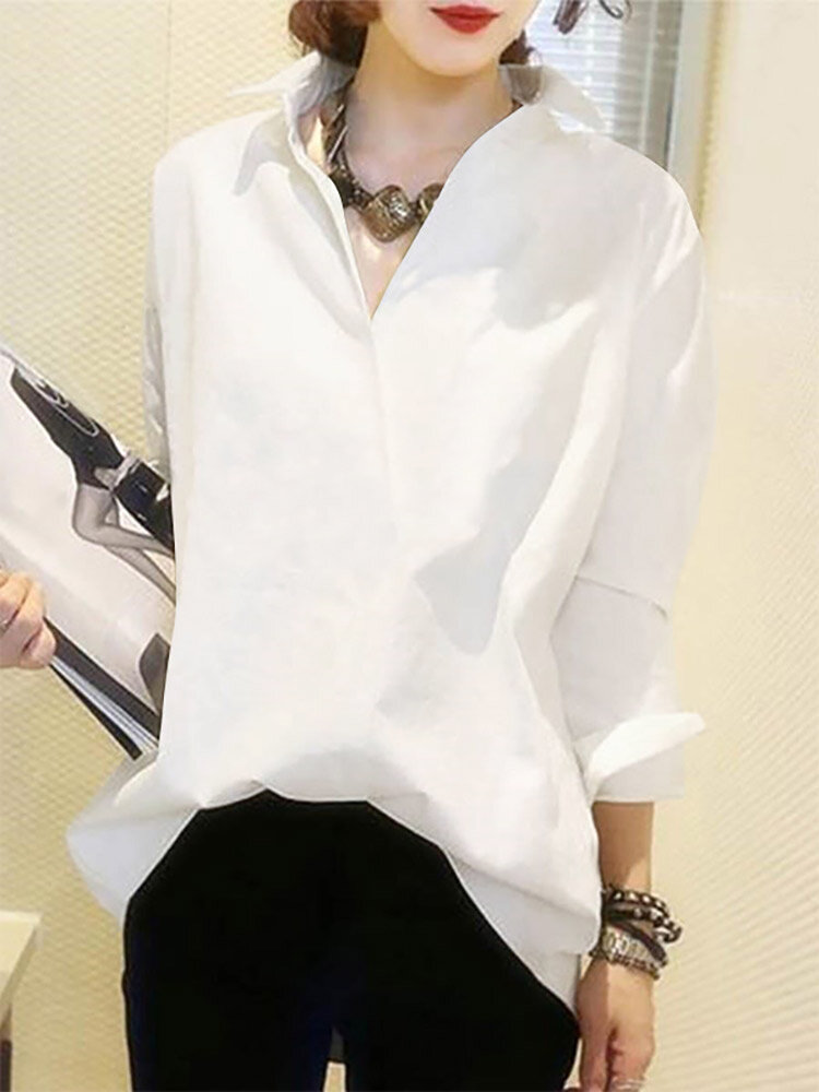 Solid Slit Hem Loose Long Sleeve Lapel Casual Blouse