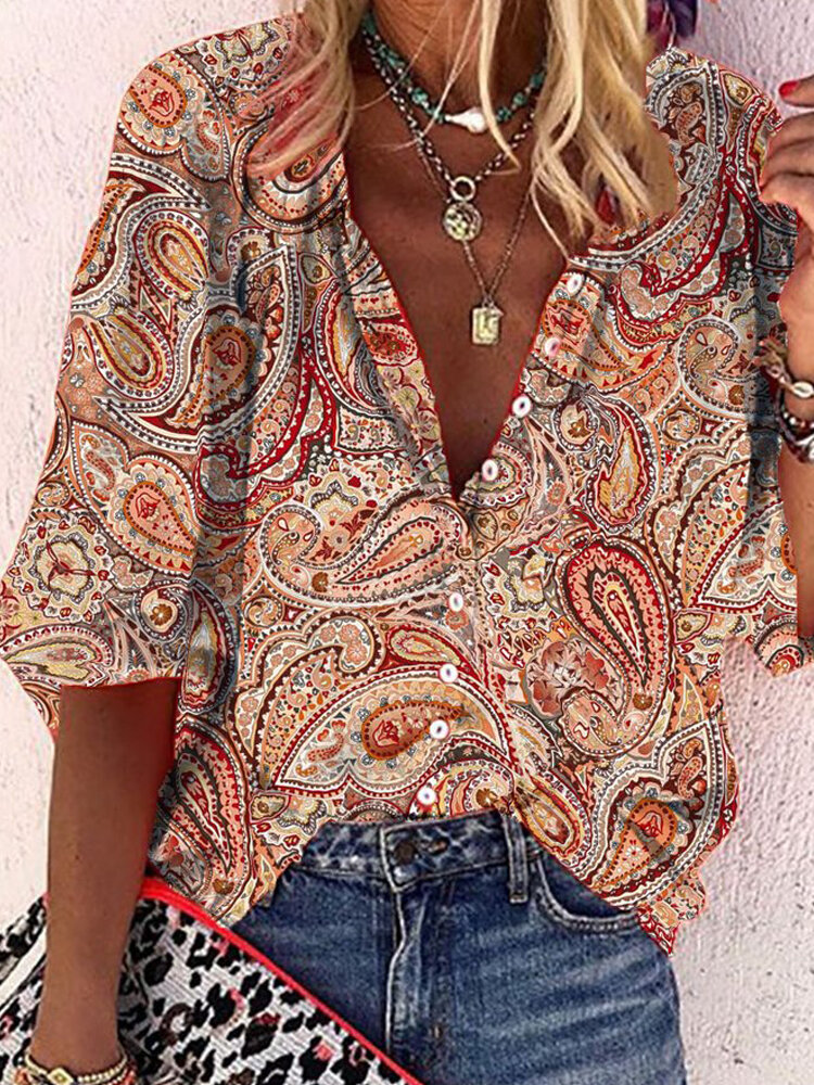 Women Allover Ethnic Paisley Print Button Front Half Sleeve Shirt