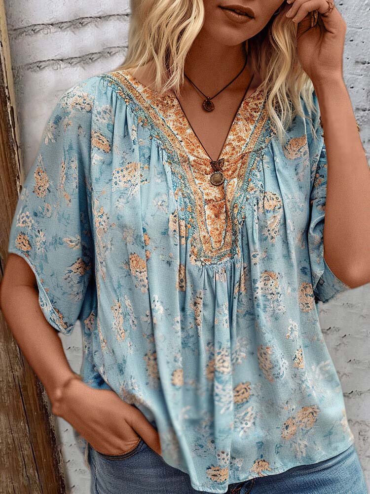 Women Ethnic Floral Print V-Neck Short Sleeve Blouse