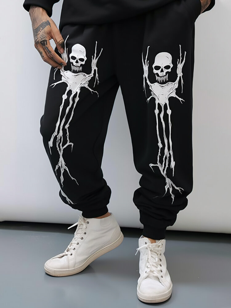 Mens Halloween Skull Print Drawstring Waist Pants With Pocket