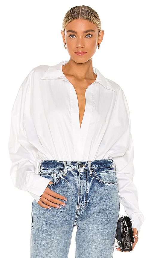 Norma Kamali Oversized Boyfriend NK Shirt Bodysuit in White. Size L, XL, XS, XXS.