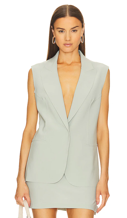 Norma Kamali Sleeveless Single Breasted Jacket in Sage. Size XS, S, M.