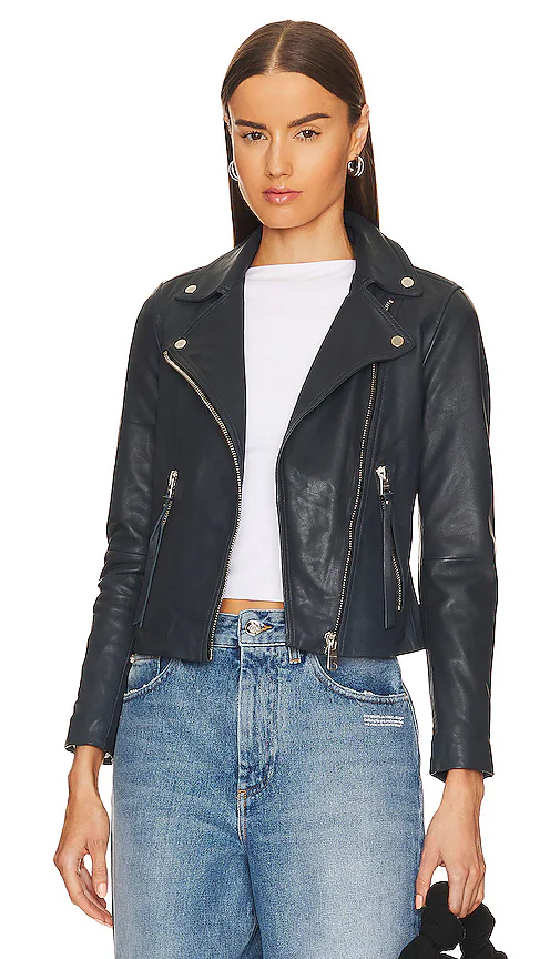 ALLSAINTS Dalby Leather Biker Jacket in Deep Denim - Navy. Size 4 (also in 2).