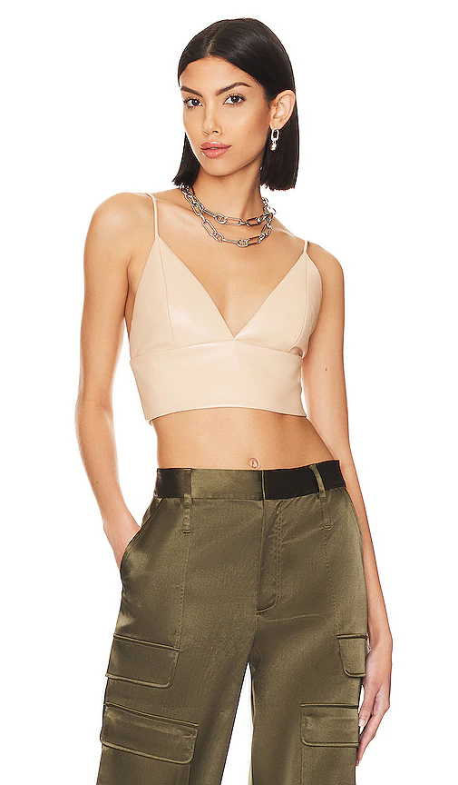 Alice + Olivia Carli Faux Leather Bra Top in Beige. Size 2, 4, 8, 10, 12, 14.