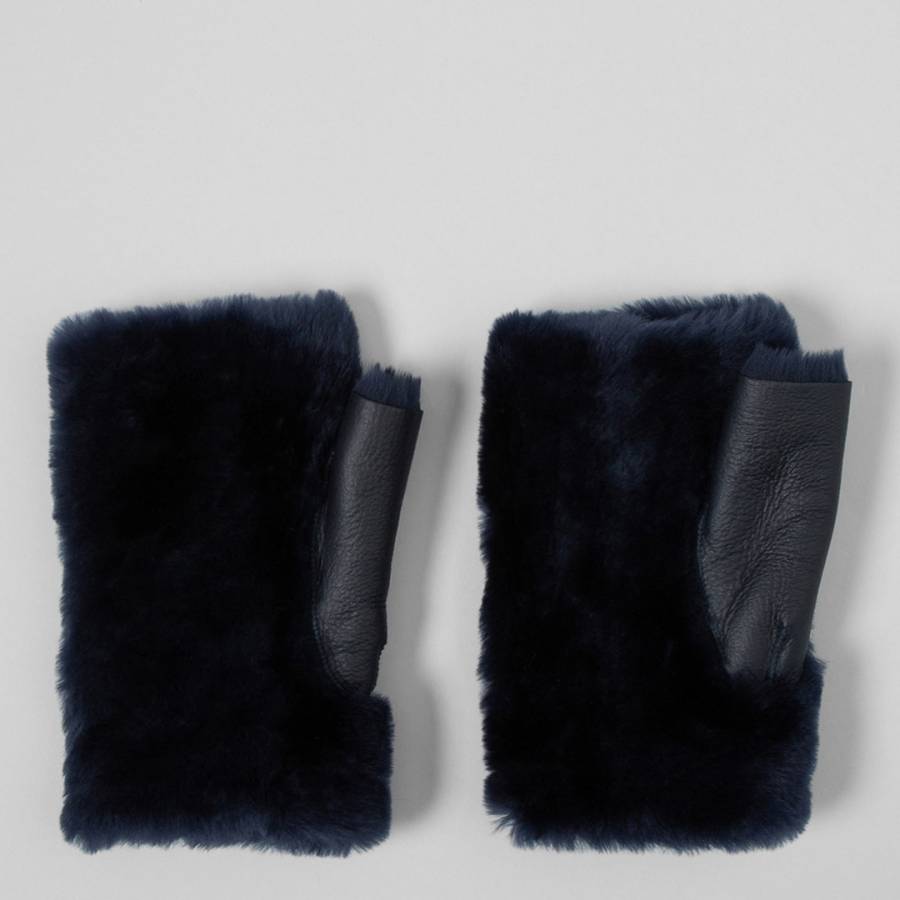 Navy Shearling Fingerless Mittens