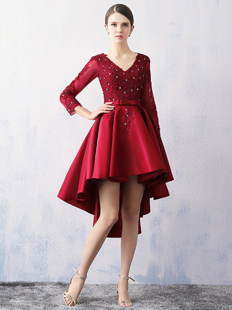 Ericdres Long Sleeves V-neck Applique Asymmetry Prom Dress