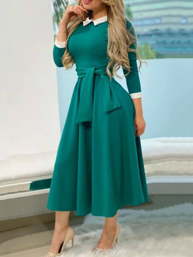 Ericdress Sleeve Mid-Calf Peter Pan Collar Color Block Women's Expansion Dress