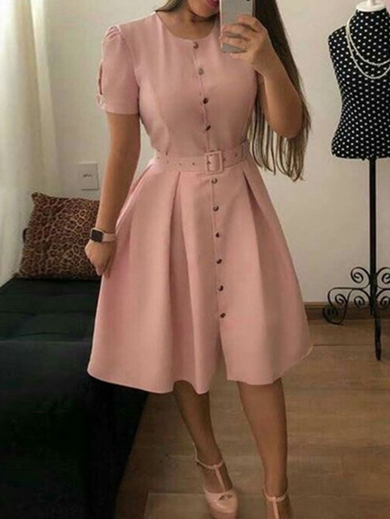 Ericdress Short Sleeve Button Round Neck Sweet Single-Breasted Women's Dress