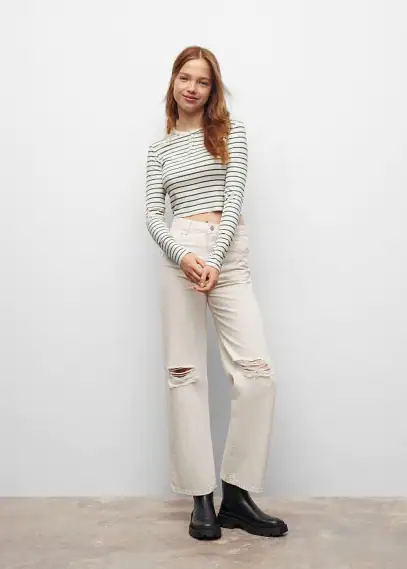 Striped T-shirt off white - Teenage girl - S - MANGO TEEN