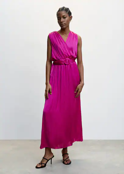 Pleated satin dress fuchsia - Woman - 4 - MANGO