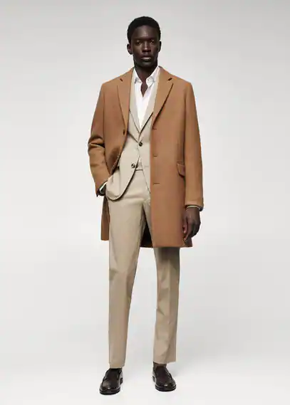 Long recycled wool coat medium brown - Man - L - MANGO MAN