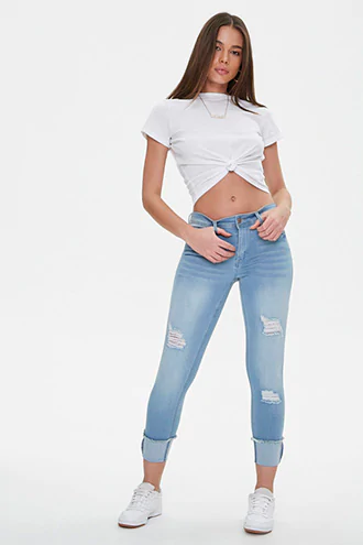 Forever 21 Distressed Cuffed Skinny Jeans , Light Denim