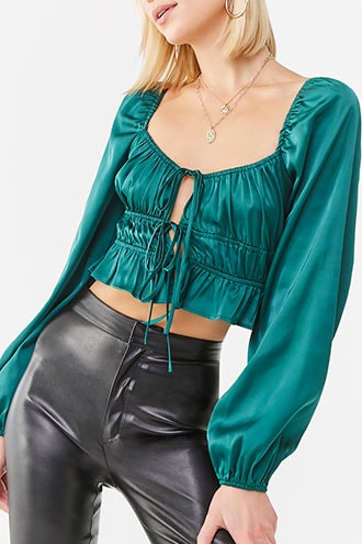 Forever 21 Shirred Satin Crop Top , Emerald