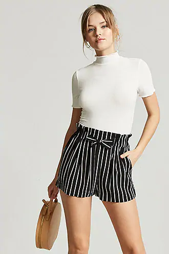 Forever 21 Stripe Paperbag-Waist Shorts , Black/white