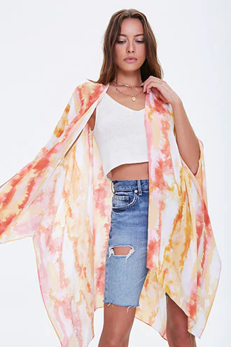 Forever 21 Watercolor Open-Front Cardigan , Orange/multi