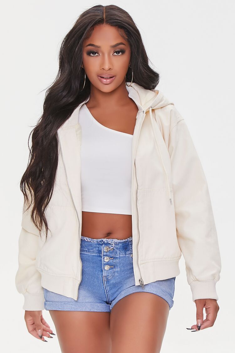 Women Canvas Zip-Up Drawstring Hoodie in Cream,  XS