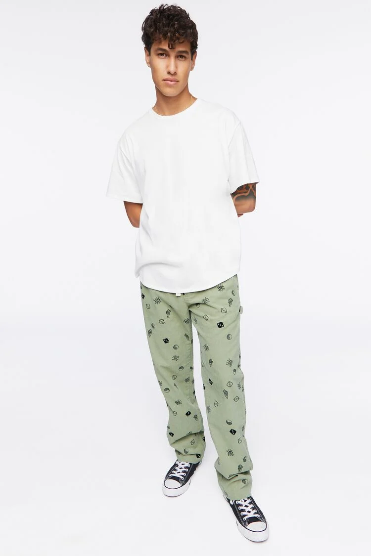 Men Dice Print Drawstring Pants in Sage/Black Large