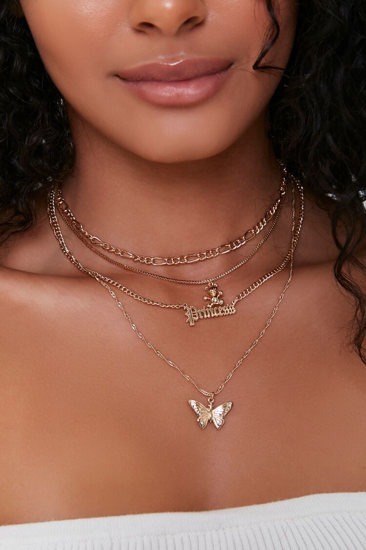 Women Butterfly Princess Layered Necklace in Gold