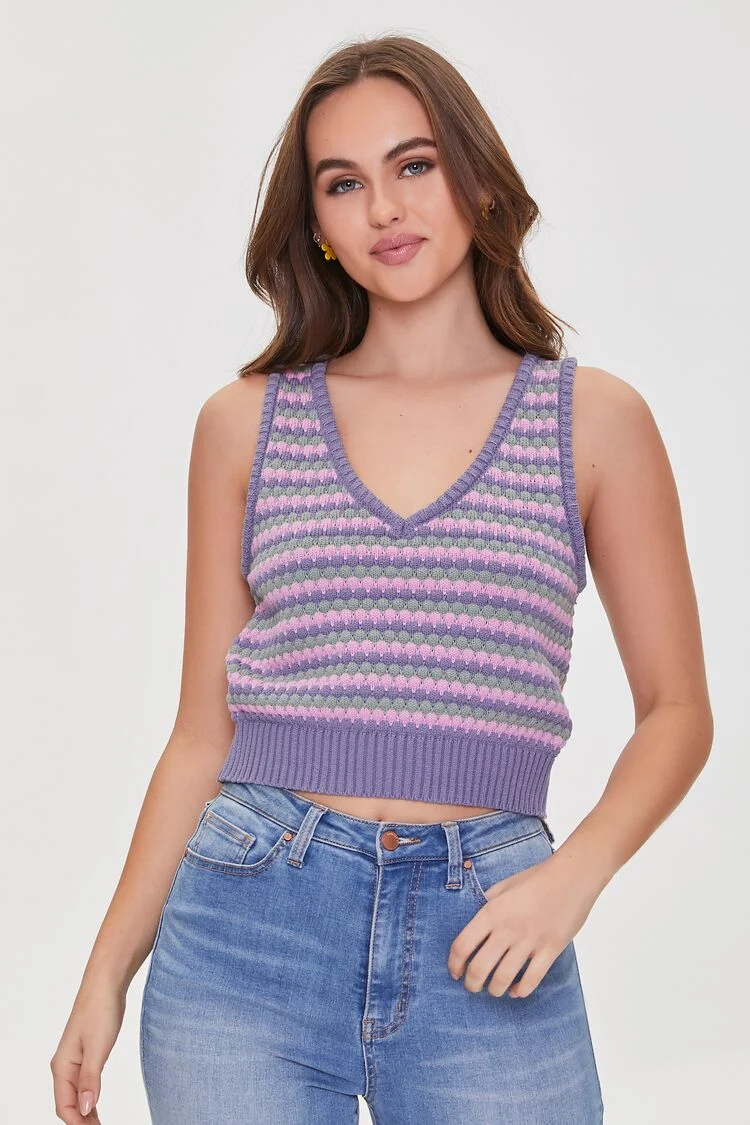 Women Striped Sweater Vest in Purple Medium