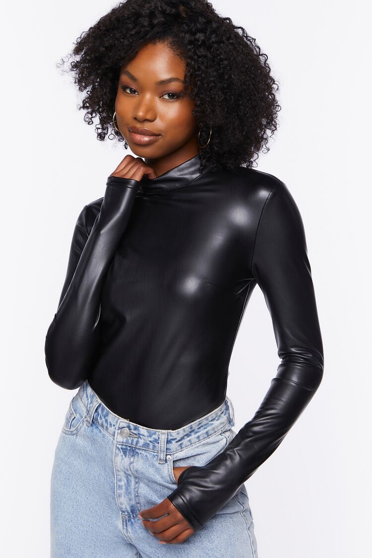 Women Faux Leather Long-Sleeve Bodysuit in Black Large