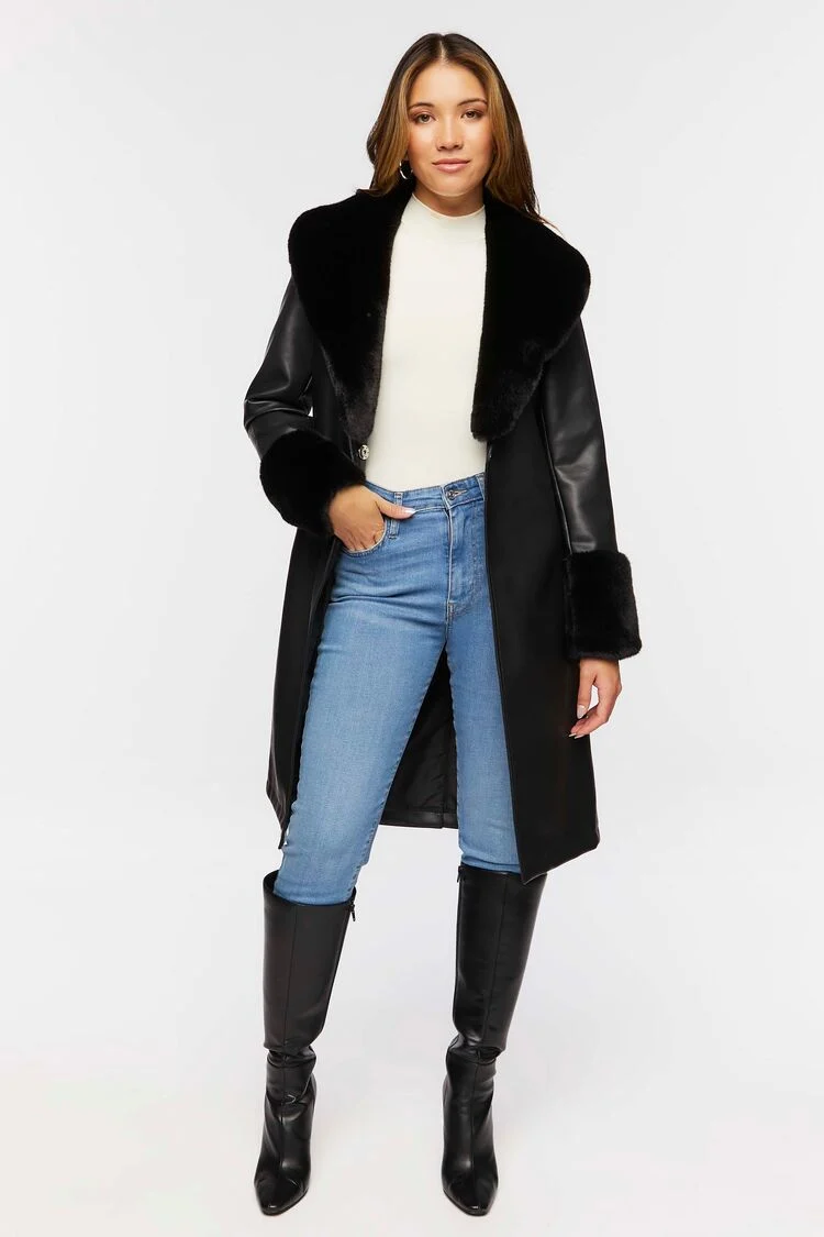 Women Faux Fur-Trim Faux Leather Coat in Black Large