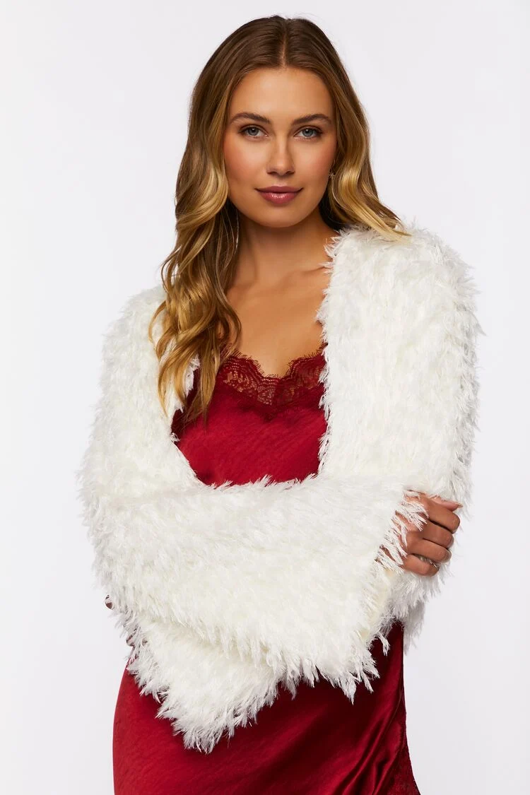 Women's Faux Fur Open-Front Cropped Jacket in Ivory Medium