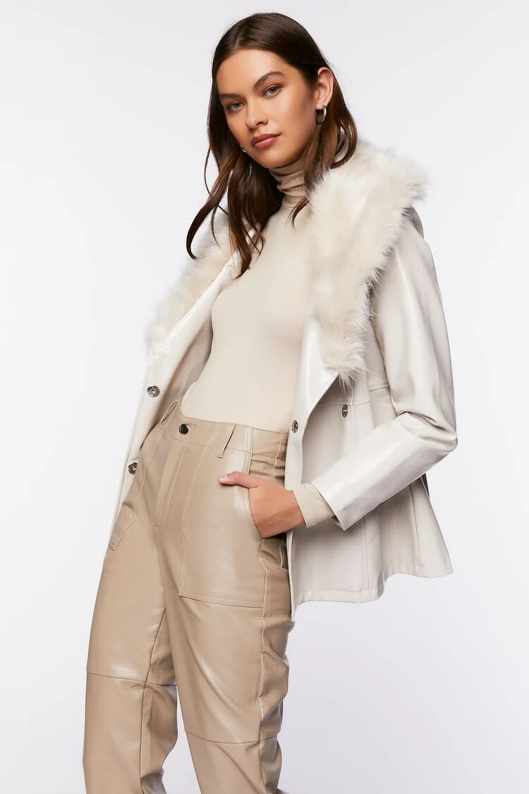 Women Faux Fur Collar Trench Coat in Jet Set Small