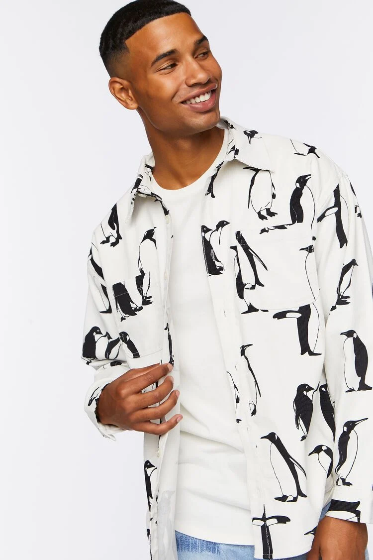 Men Penguin Print Shirt in Cream/Black Medium