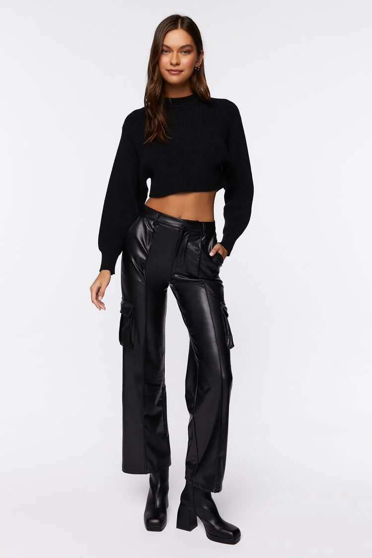 Women's Faux Leather High-Rise Cargo Pants in Black Medium