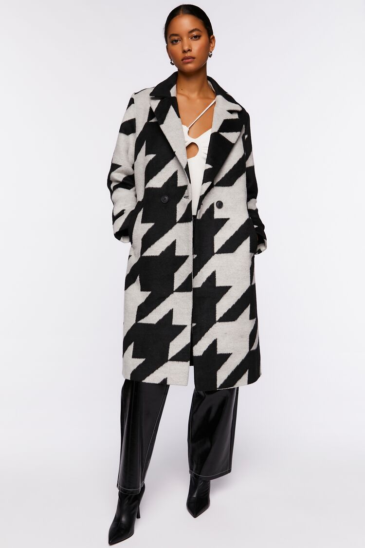 Women Brushed Houndstooth Duster Coat in Black,  XL