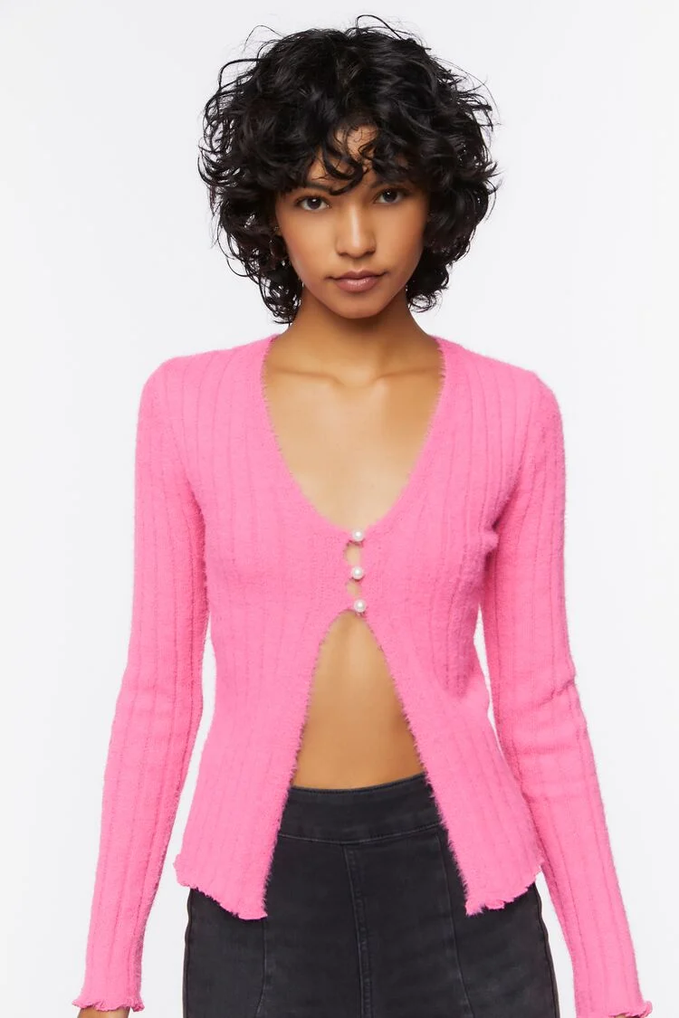 Women's Fuzzy Knit Cardigan Sweater in Azalea Medium