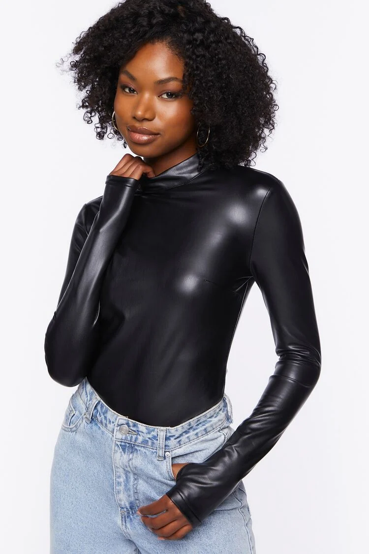 Women's Faux Leather Long-Sleeve Bodysuit in Black Medium