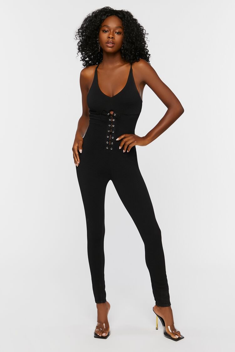 Women's Lace-Up Cami Jumpsuit in Black Large