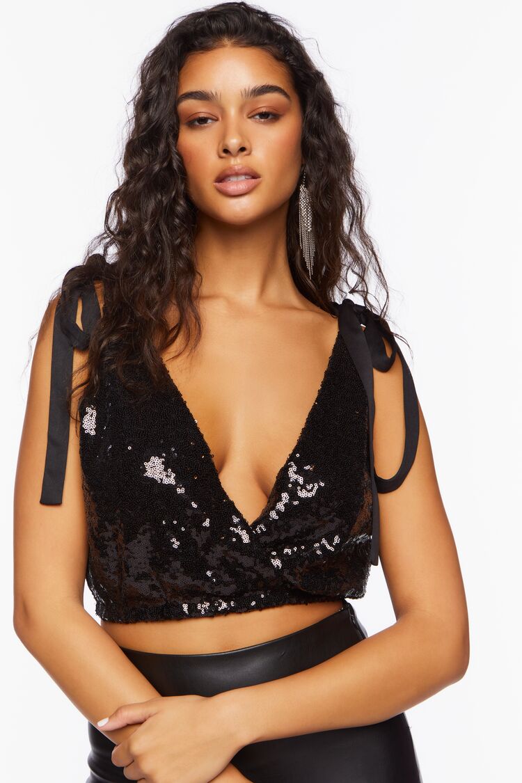 Women's Sequin Tie-Strap Crop Top in Black Large