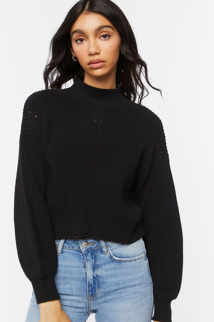 Women's Pointelle Mock Neck Sweater in Black Medium