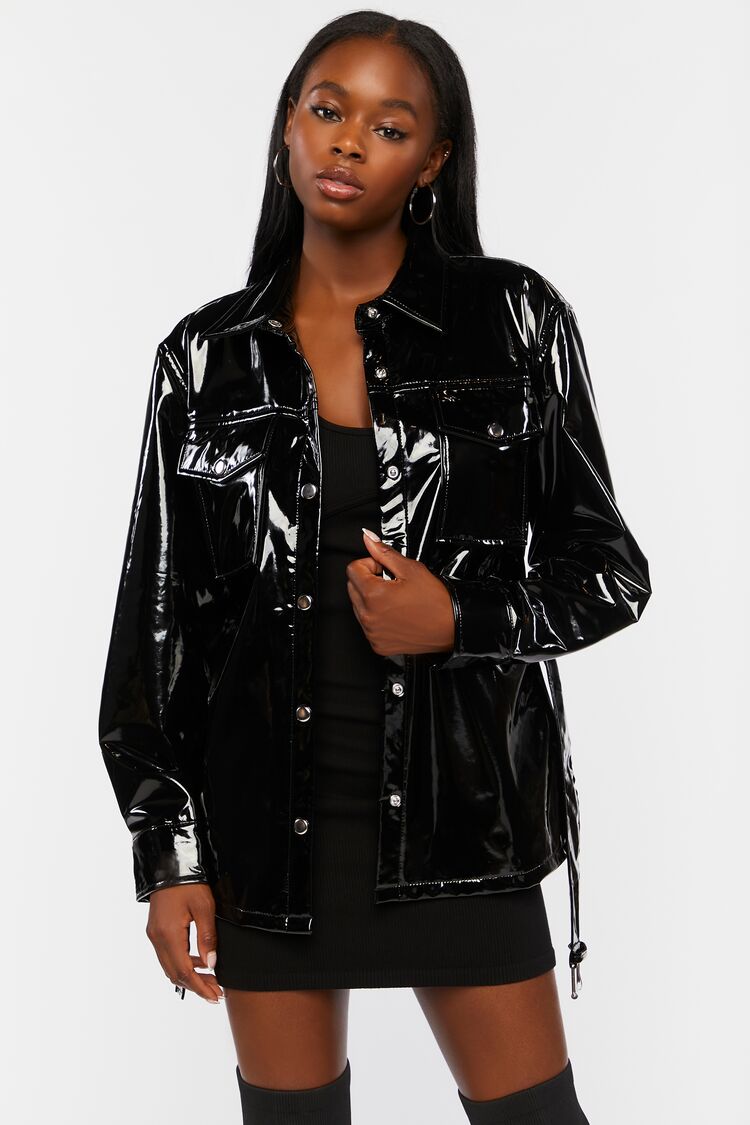 Women's Faux Patent Leather Belted Jacket in Black Medium