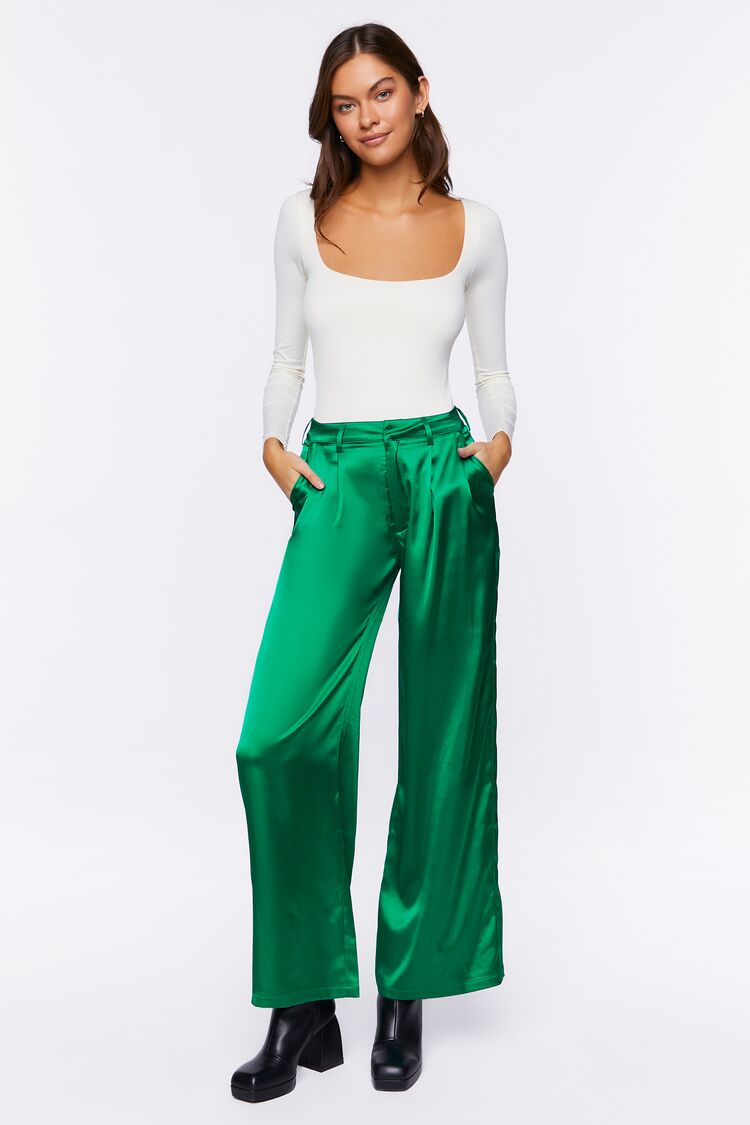 Women's Satin Wide-Leg Pants in Green Medium