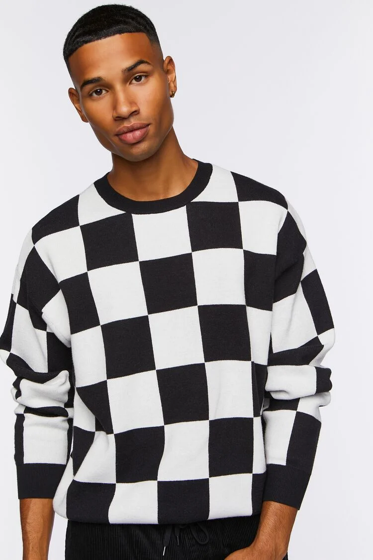 Men Checkered Crew Sweater in Black/White Large