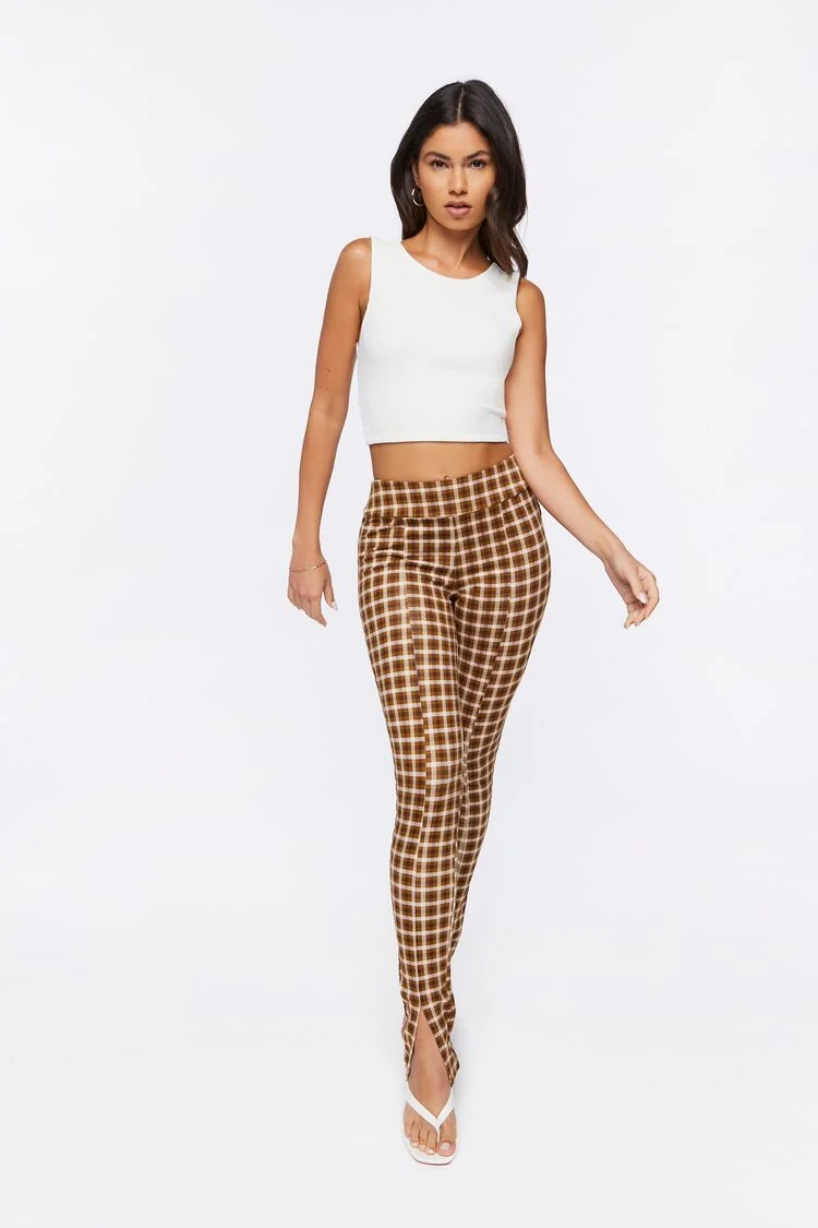 Women's Plaid Ponte Knit Split-Hem Pants in Beech Small