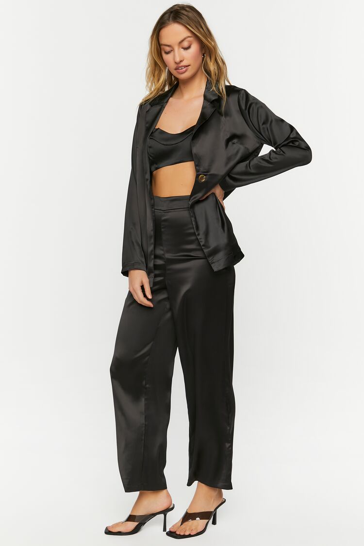 Women's Satin Blazer & Pants Set in Black Small