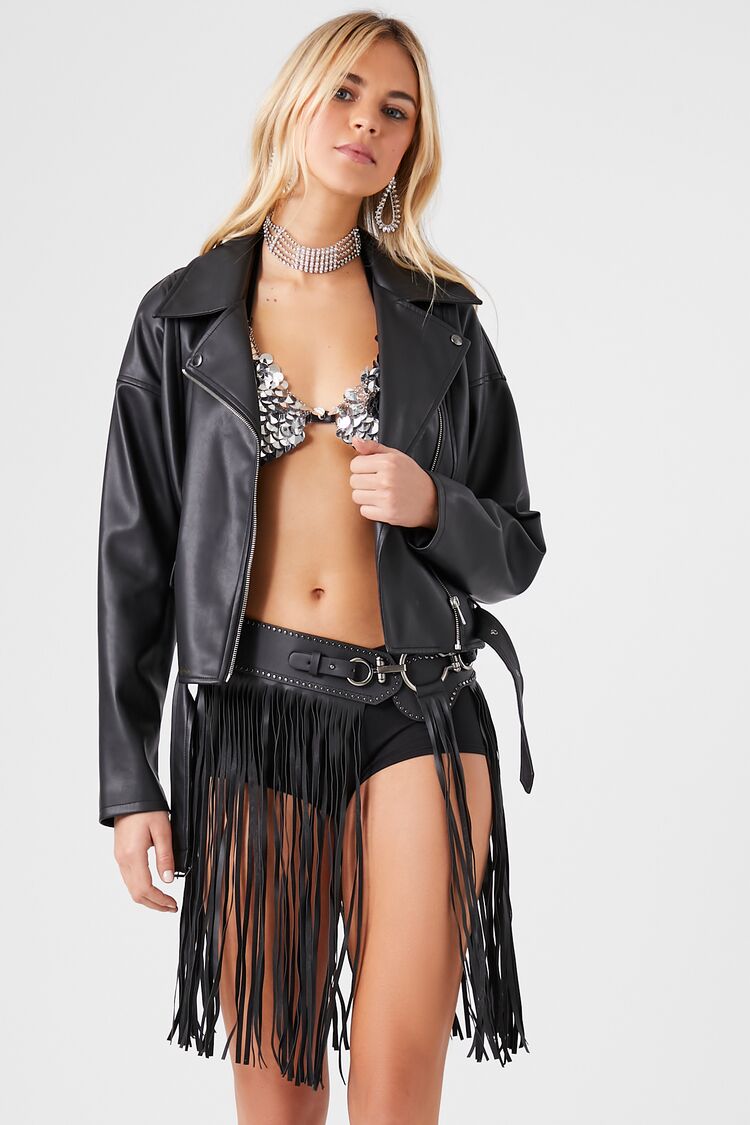 Faux Leather Fringe Hip Belt in Black/Silver,  S/M