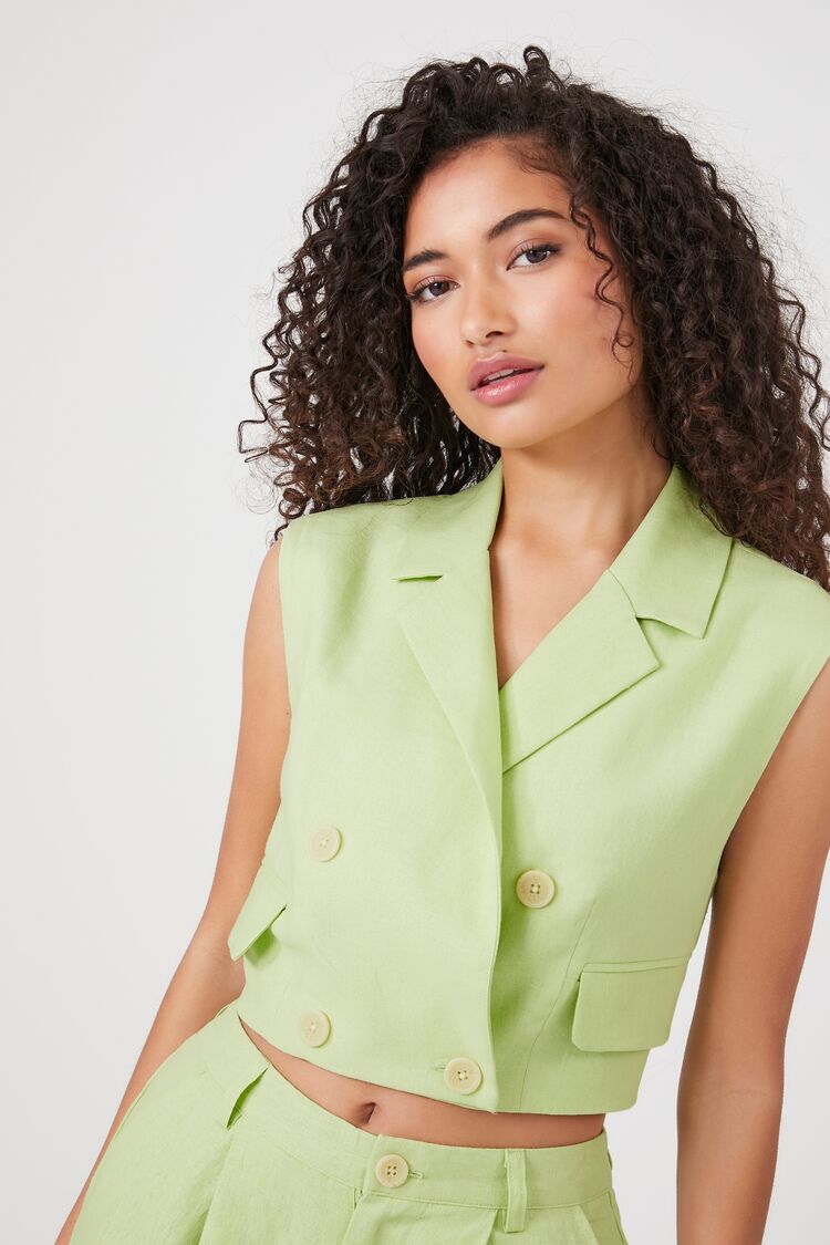 Women's Linen Double-Breasted Vest in Light Green Small