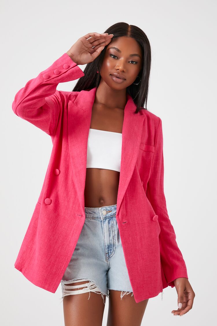 Women's Double-Breasted Notched Blazer in Pink Large