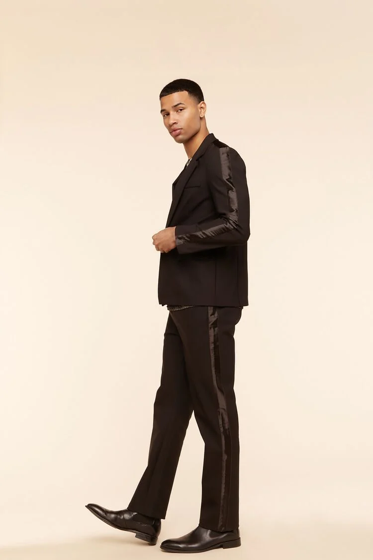 Men Side-Striped Straight Pants in Black/Black Large