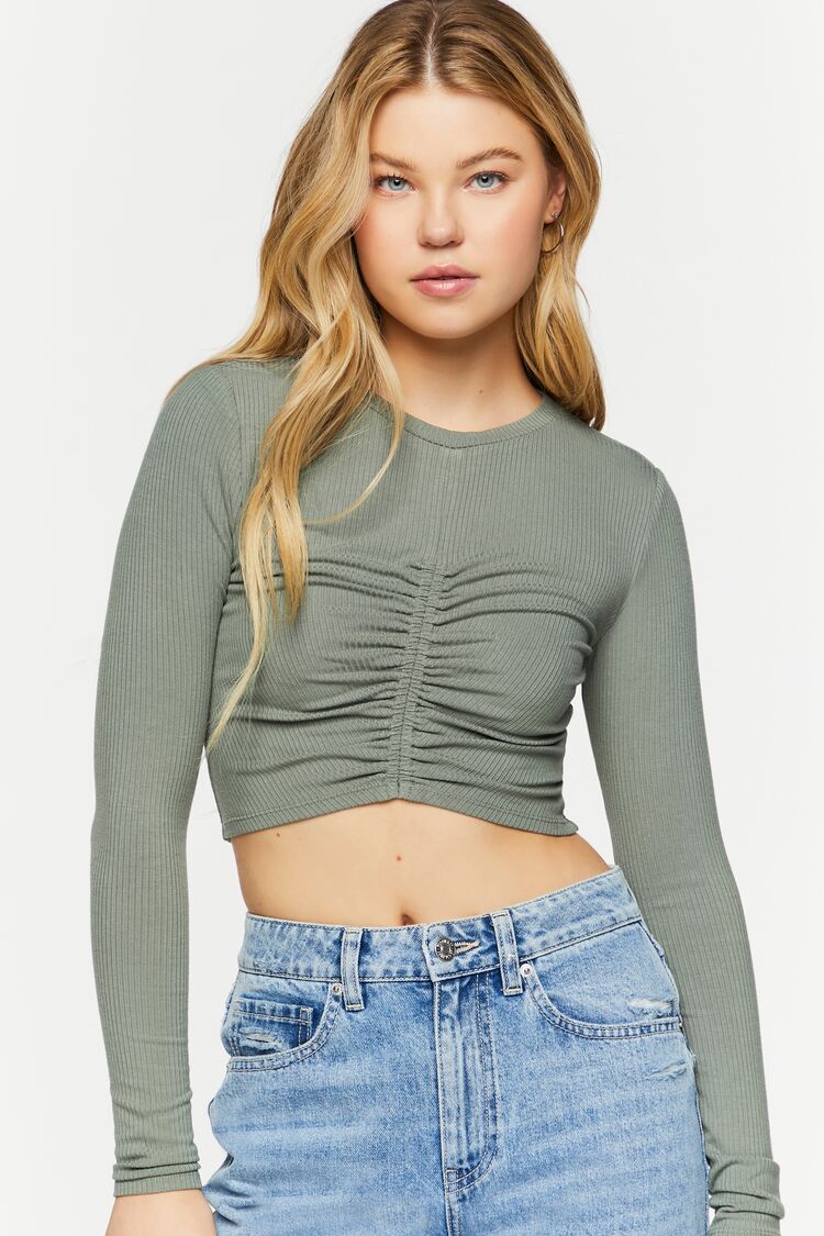 Women's Ruched Rib-Knit Long-Sleeve Crop Top in Tea Large