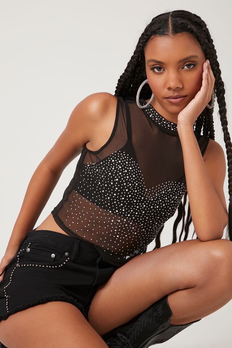 Women's Mesh Rhinestone Cropped Tank Top in Black Large