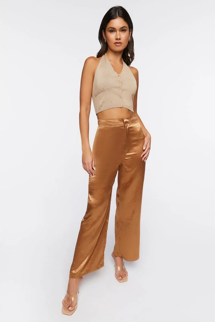 Women's Satin Wide-Leg Pants in Camel Large