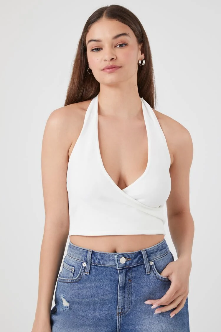 Women's Sweater-Knit Halter Crop Top in White Small