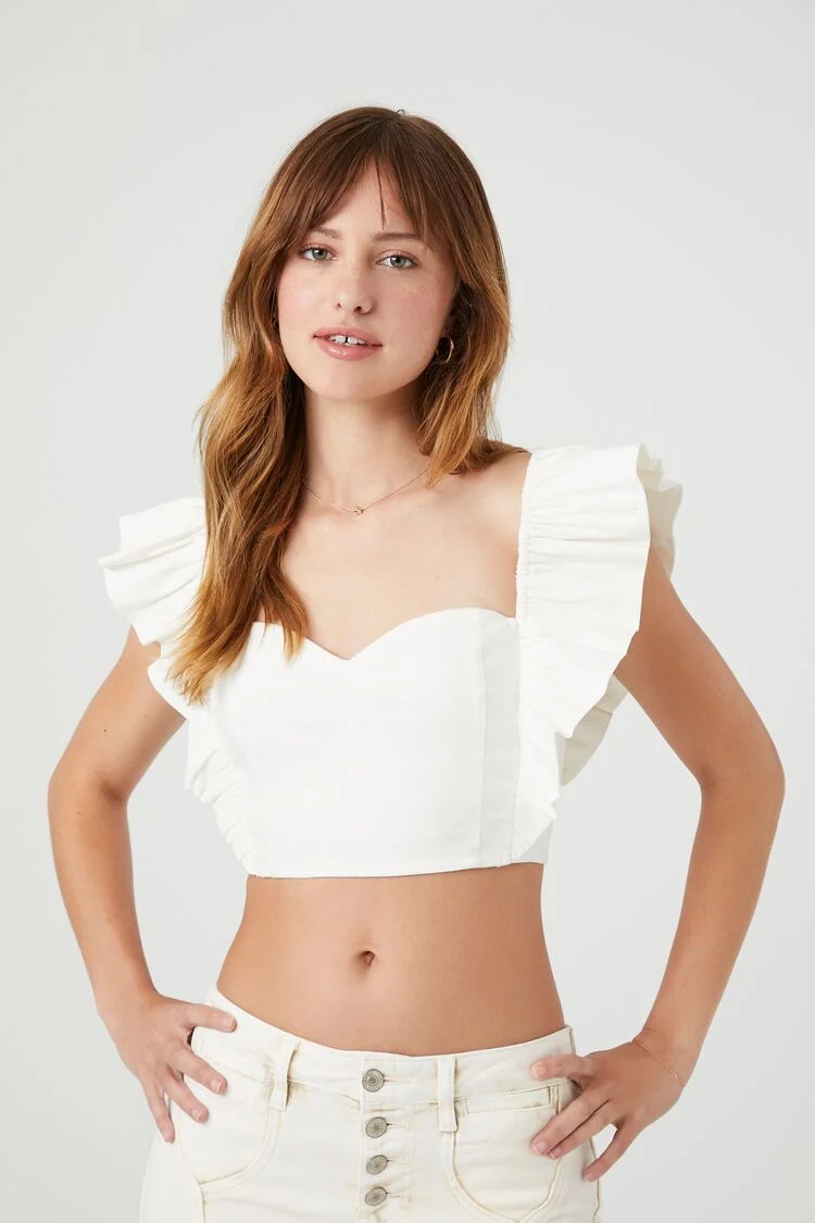 Women's Butterfly-Sleeve Sweetheart Crop Top in Ivory Large